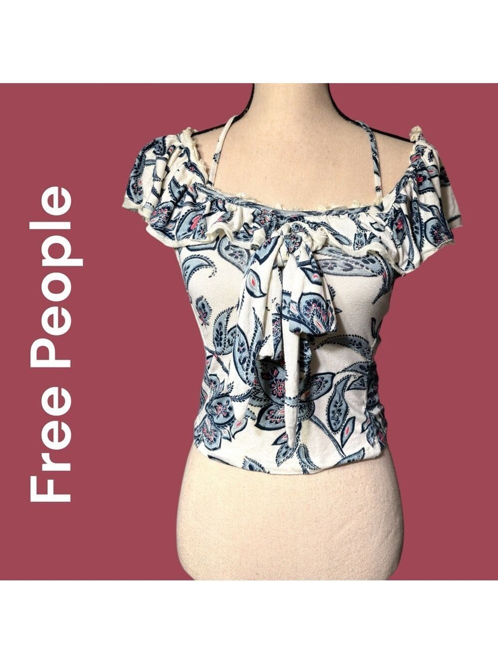 Free People Sunray Combo Cream/Blue Leaf Print Crop Blouse. New w/tags! Pretty 🤩